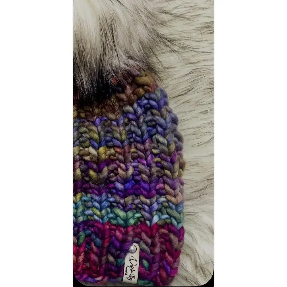 Hand Knit Scrappy Merino Wool Beanie: DefiKnitly Tasteful Knit Hat with Faux Fur